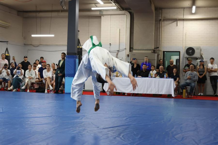 Judo student performing an aerial breakfall demonstration